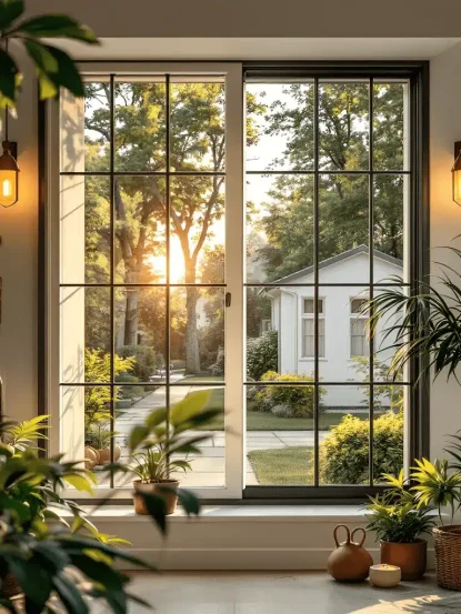 Vista del tramonto attraverso una grande finestra con infissi in PVC, incorniciata dalle piante all'interno di una stanza, che si affaccia su un giardino e su una piccola casa bianca. {{brizy_dc_image_alt imageSrc=