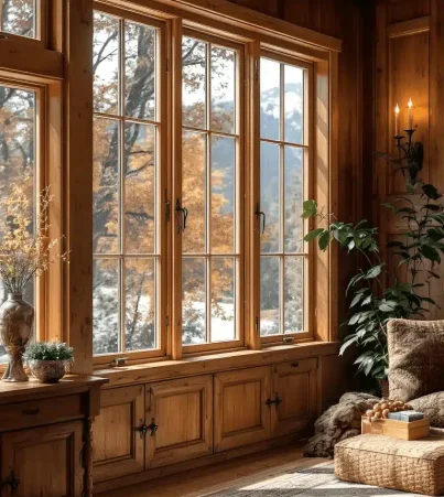 Stanza accogliente con grandi infissi in legno Roma, una sedia in vimini e una pianta. Fuori si vedono alberi autunnali. {{brizy_dc_image_alt imageSrc=