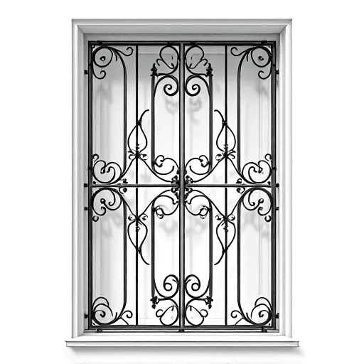 Intricata grata per finestre in ferro battuto nero, caratterizzata da volute decorative che ricordano lo stile inferriato di Roma Est, elegantemente inserita in una cornice bianca. {{brizy_dc_image_alt imageSrc=