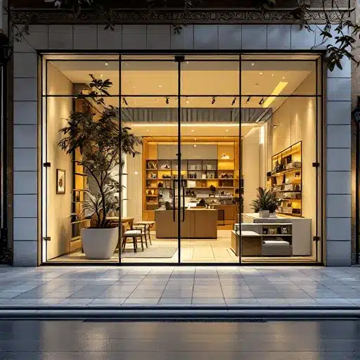 Una vetrina moderna con grandi vetrate per negozi Roma Est, che mette in mostra un interno ben illuminato, decorato con scaffali, piante in vaso e mobili in legno. {{brizy_dc_image_alt imageSrc=