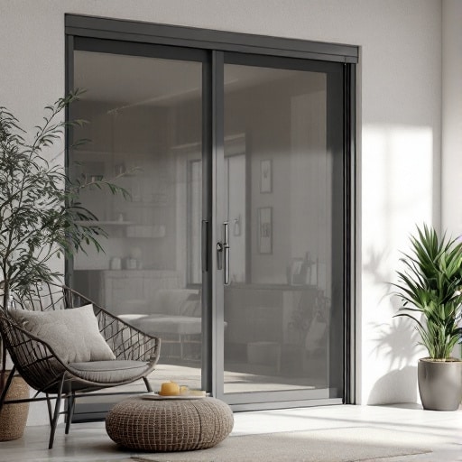 Una stanza accogliente con una sedia in vimini, un cuscino e un pouf vicino alle grandi porte scorrevoli in vetro. La luce del sole filtra attraverso la zanzariera di Roma Est, evidenziando le piante in vaso e l'arredamento neutro. {{brizy_dc_image_alt imageSrc=